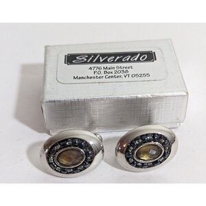 Silver Oval Purple Faceted‎ Glass Screw Back Earrings